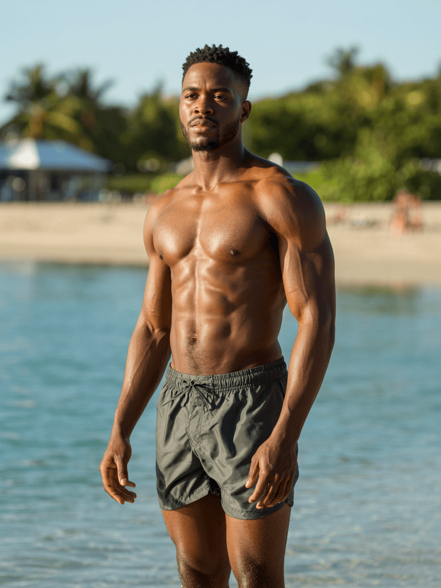 AI-generated tropical beach scene with palm trees and clear blue water