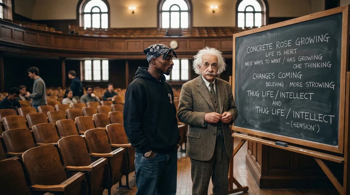 Tupac & Einstein - Auditorium – AI photo prompt example