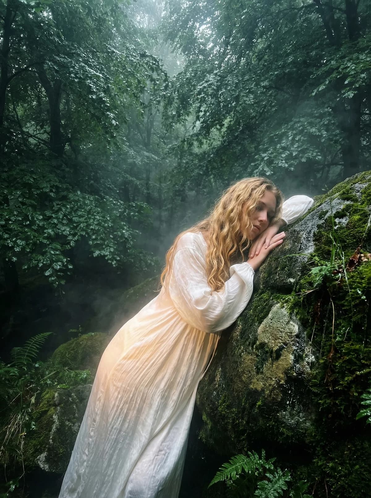 White Silk Gown - Forest – AI photo prompt example