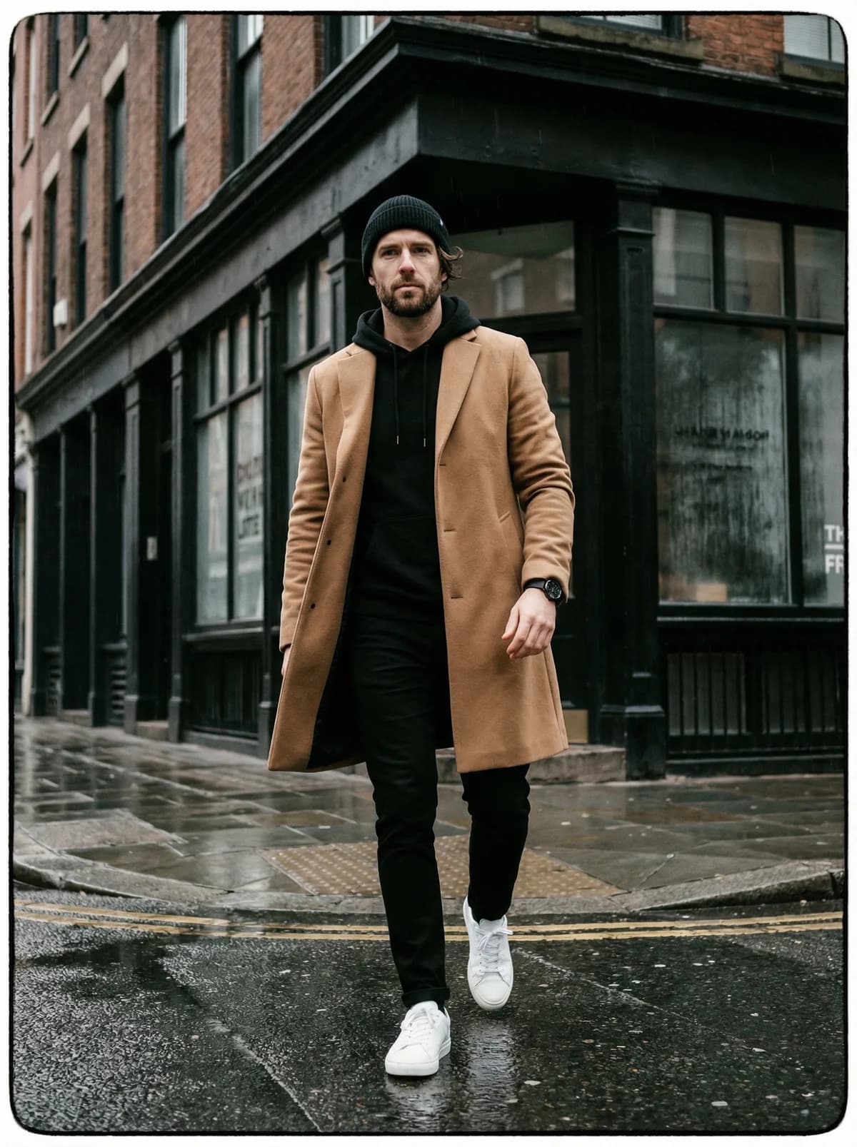 Camel Coat - Urban Walk – AI photo prompt example