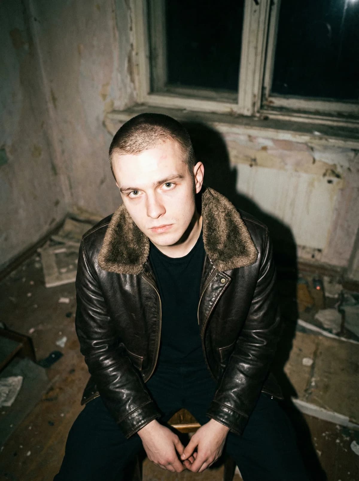 Gritty Flash Portrait - Leather Jacket – AI photo prompt example