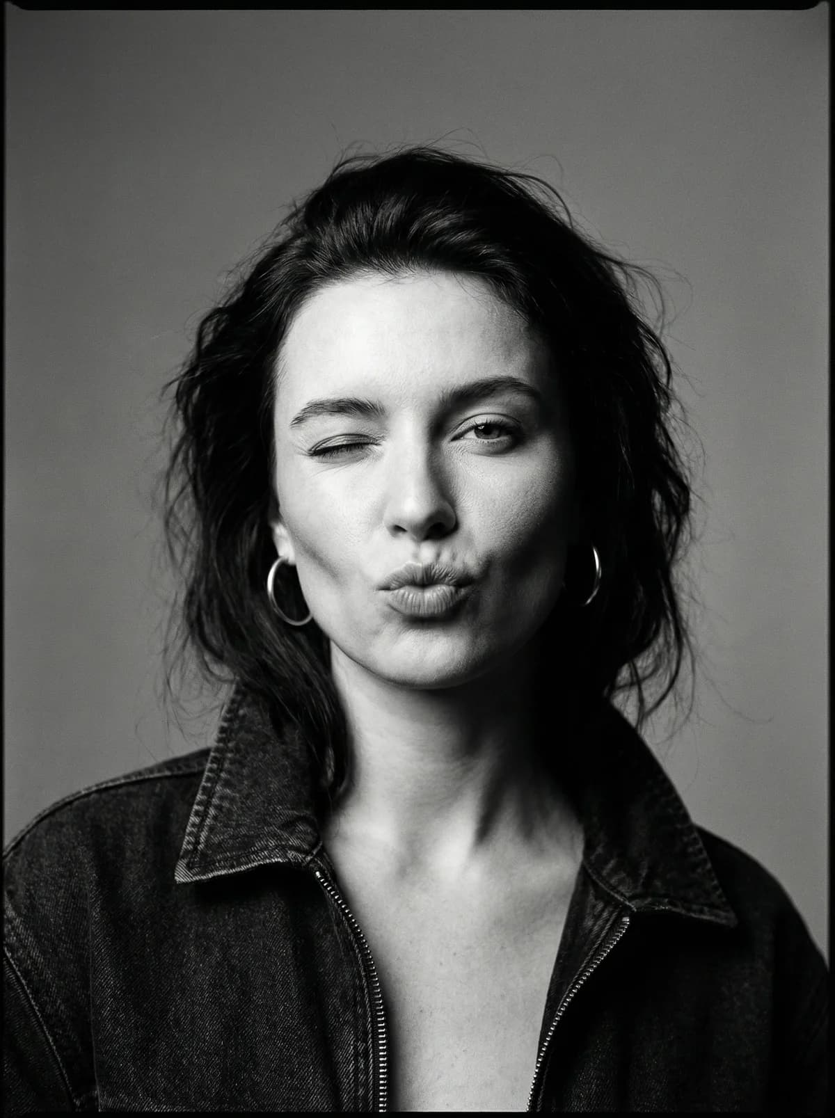 B&W Wink Portrait - Denim – AI photo prompt example