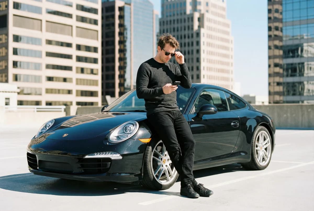 Rooftop Porsche - Portrait – AI photo prompt example