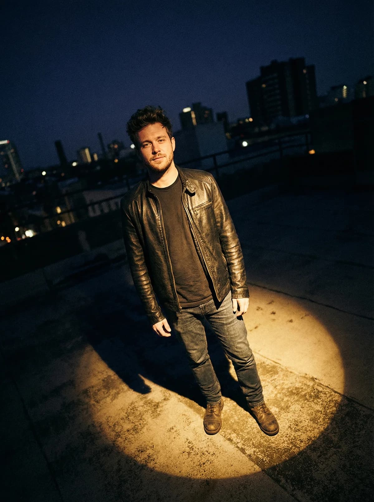 Rooftop Spotlight - Leather Jacket – AI photo prompt example