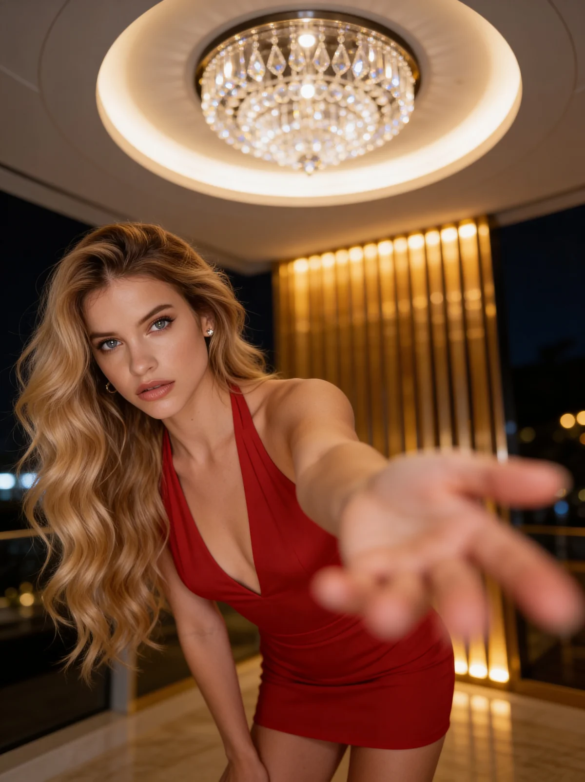 Luxury Interior - Red Dress Portrait – AI photo prompt example