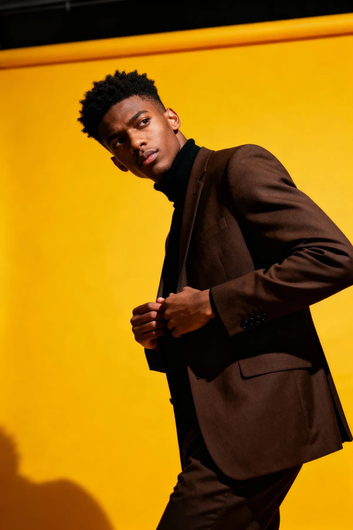 Brown Suit - Yellow Background – AI photo prompt example