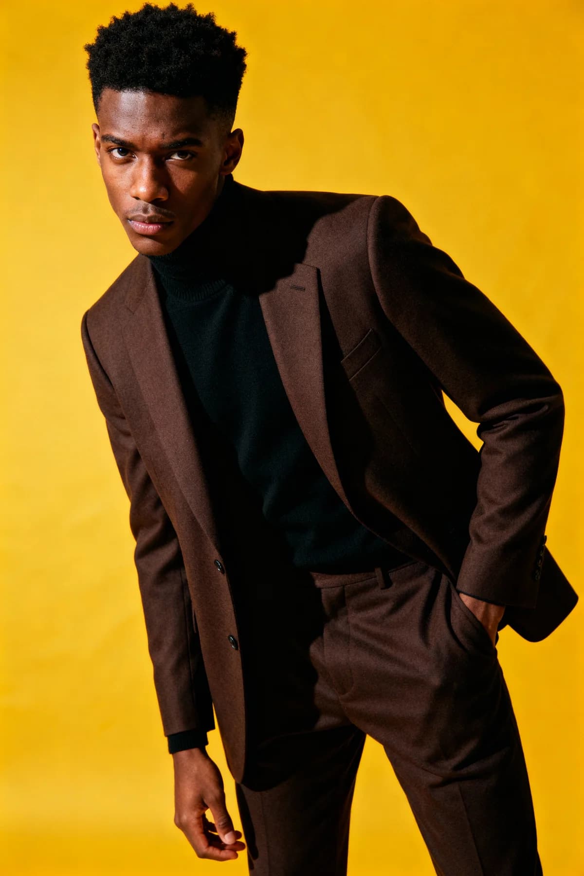 Brown Suit - Yellow Background 2 – AI photo prompt example