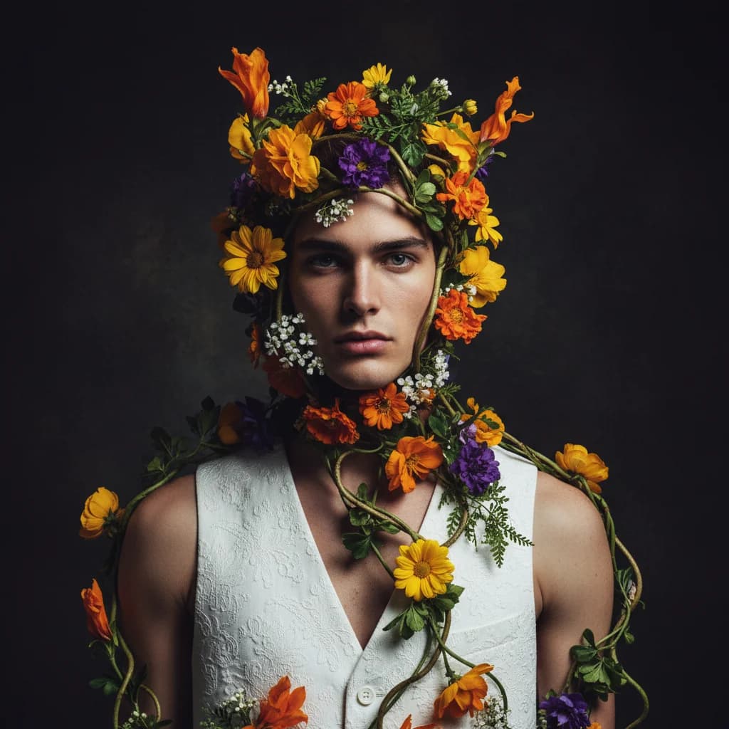 Man with Flowers & Vines – AI photo prompt example