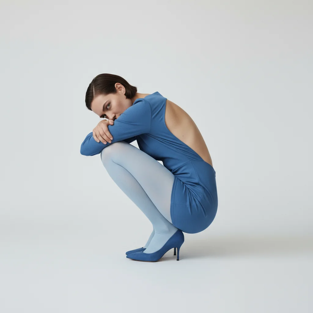 Woman Squatting - Blue Jumpsuit – AI photo prompt example