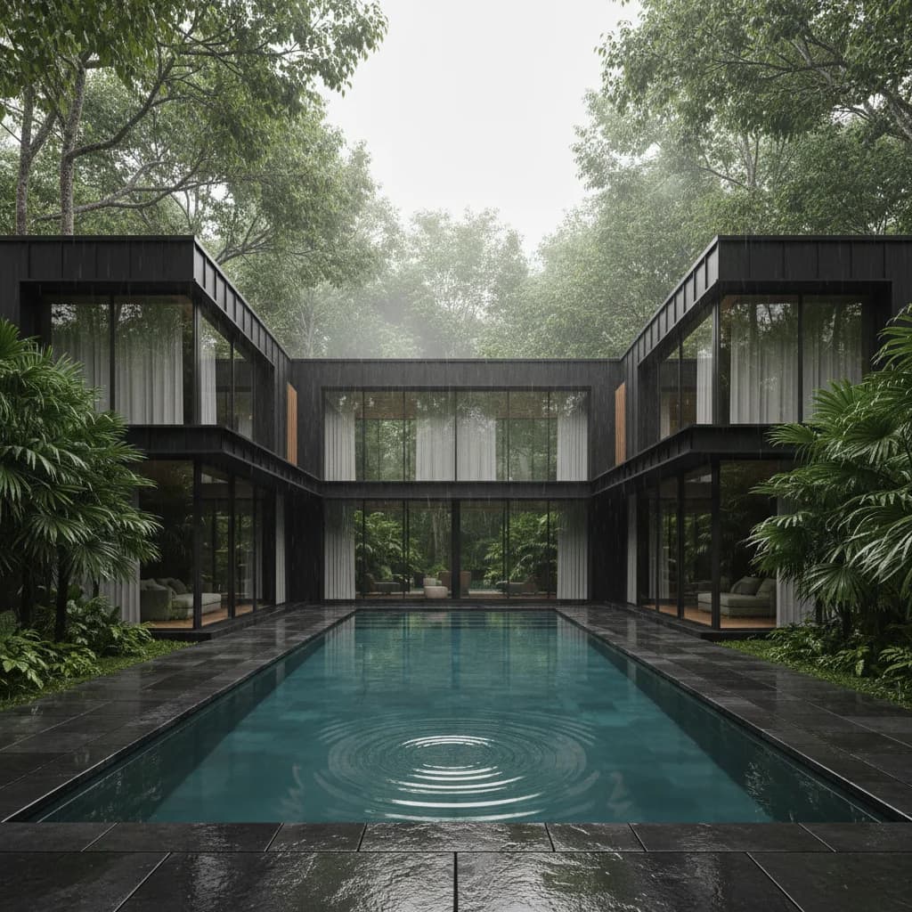 Tropical Black House Pool – AI photo prompt example