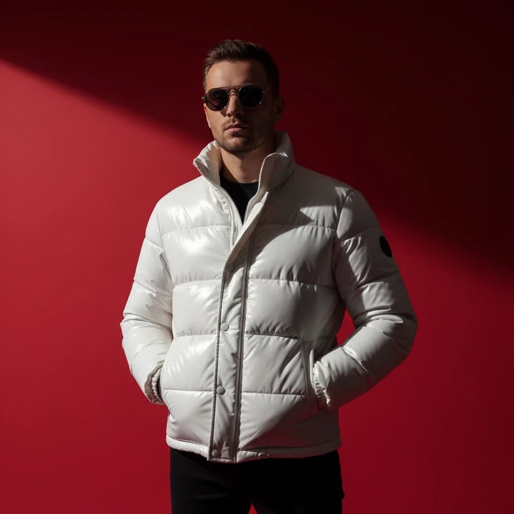 White Puffer - Red Background – AI photo prompt example