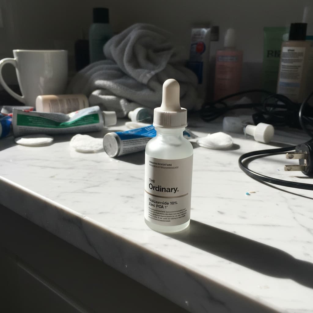 Skincare product on a cluttered bathroom counter (before)