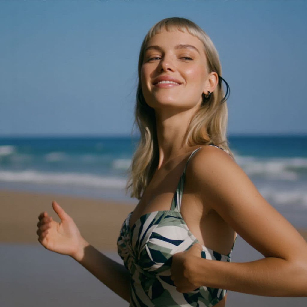 Close-up smiling beach portrait with ocean in soft focus