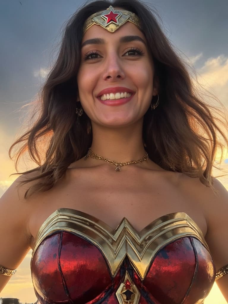 AI-generated portrait of a person as Wonder Woman in a fantasy comic setting.