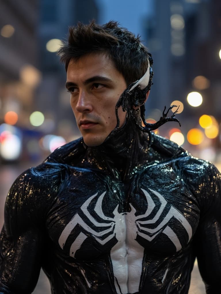 AI-generated sci-fi action scene with a character inspired by Venom.