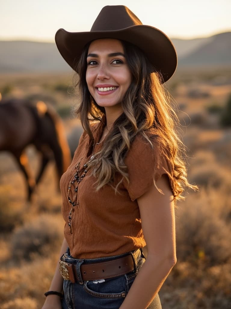 AI-generated portrait of a person as a cowgirl with hat and boots.