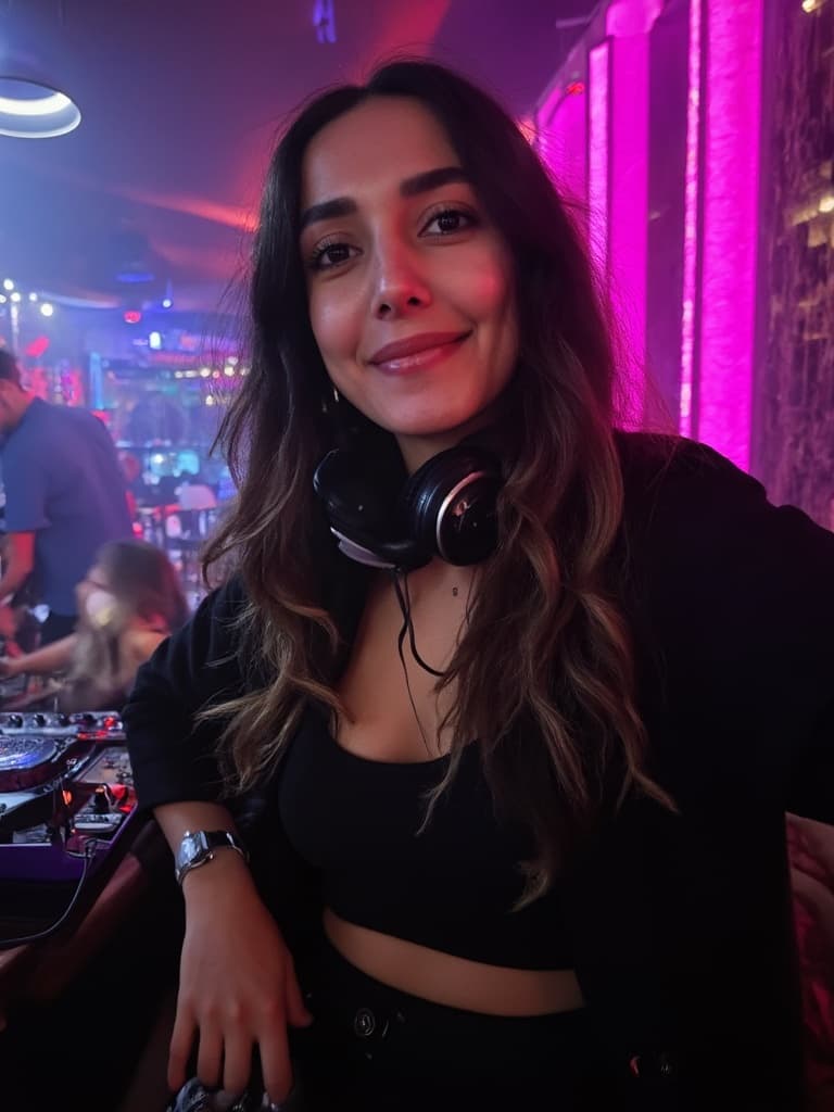 AI-generated portrait of a DJ at a party with headphones and turntables.