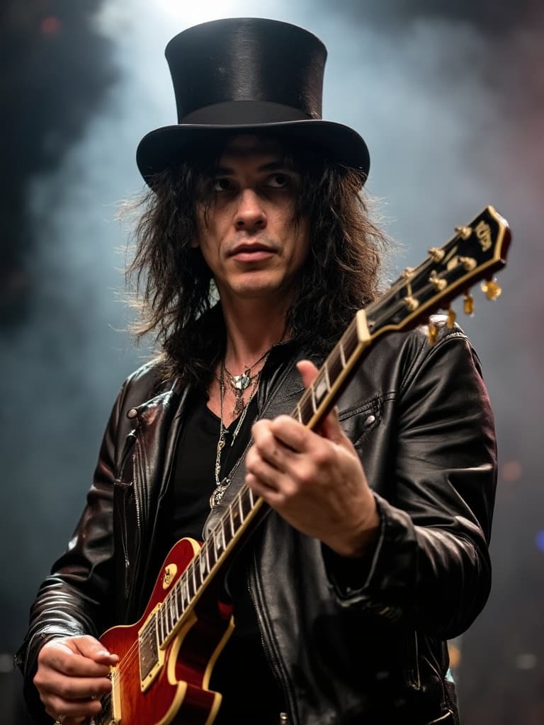 AI-generated image of a rockstar playing guitar on stage.