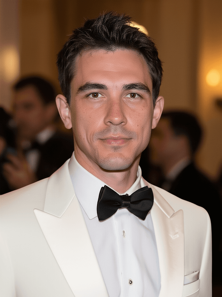 AI-generated image of a groom looking dapper in a white tuxedo for a wedding.