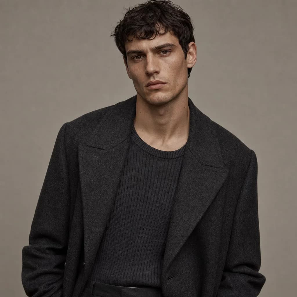 Male Editorial - Charcoal Wool Coat – AI photo prompt example