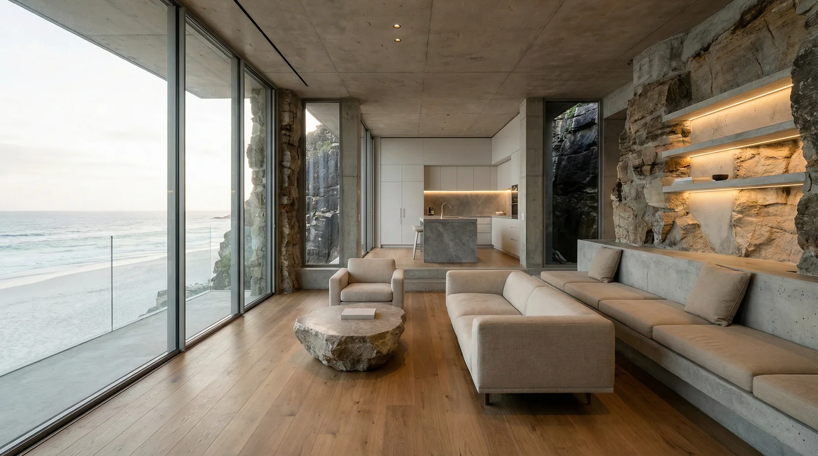 Interior view of the same seaside house with ocean views