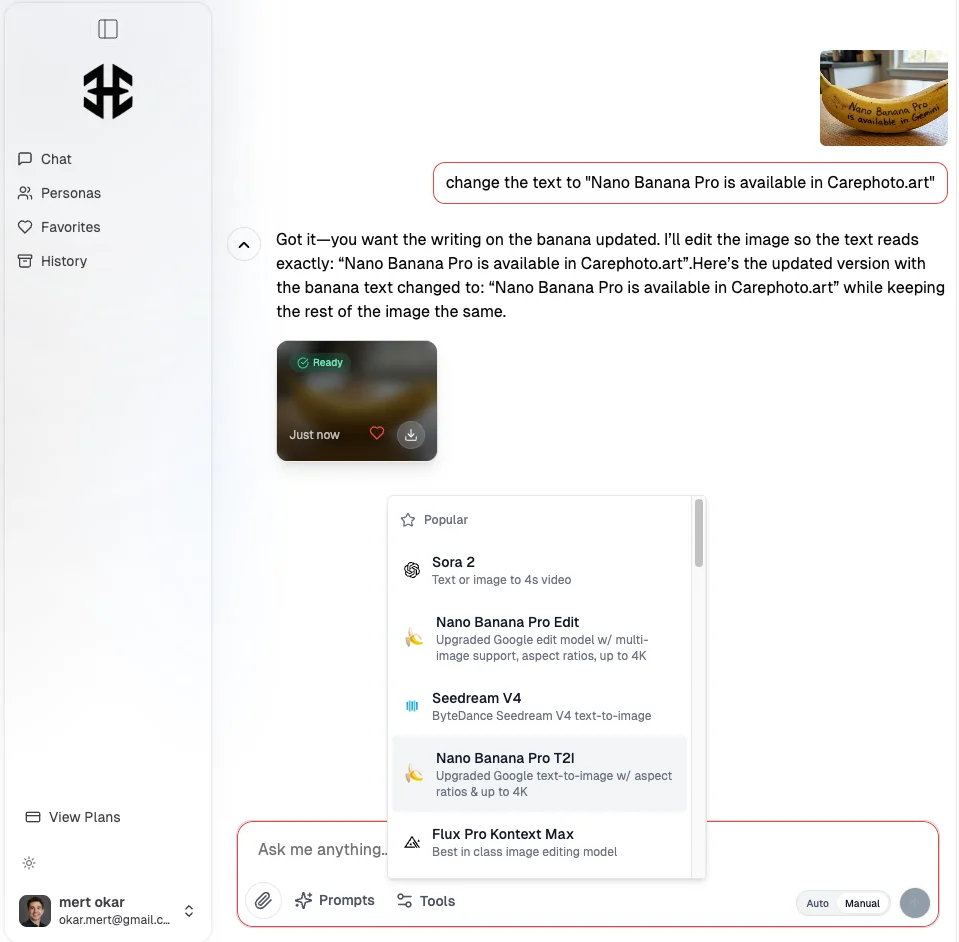 Nano Banana Pro interface in CarePhoto - chat-based AI image editor