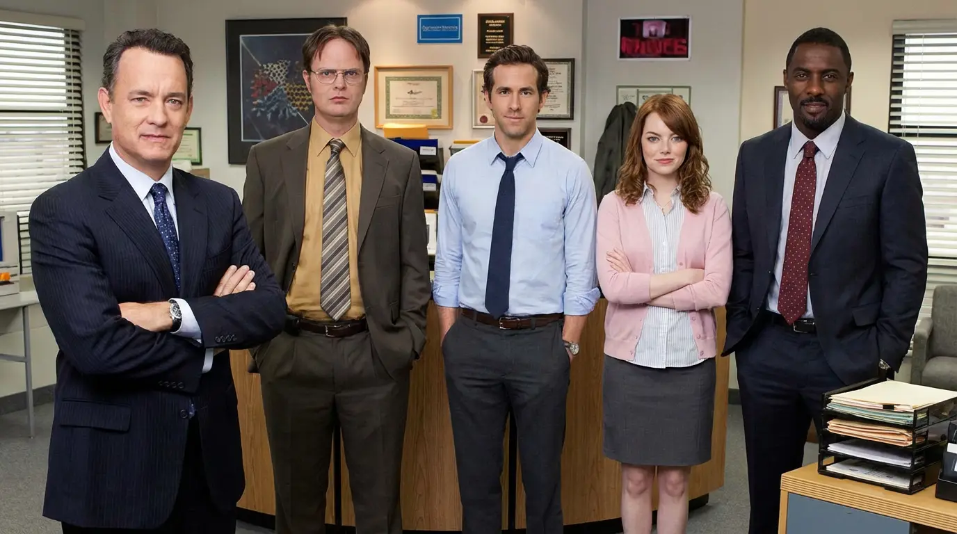 AI-generated office scene showcasing creative character transformations