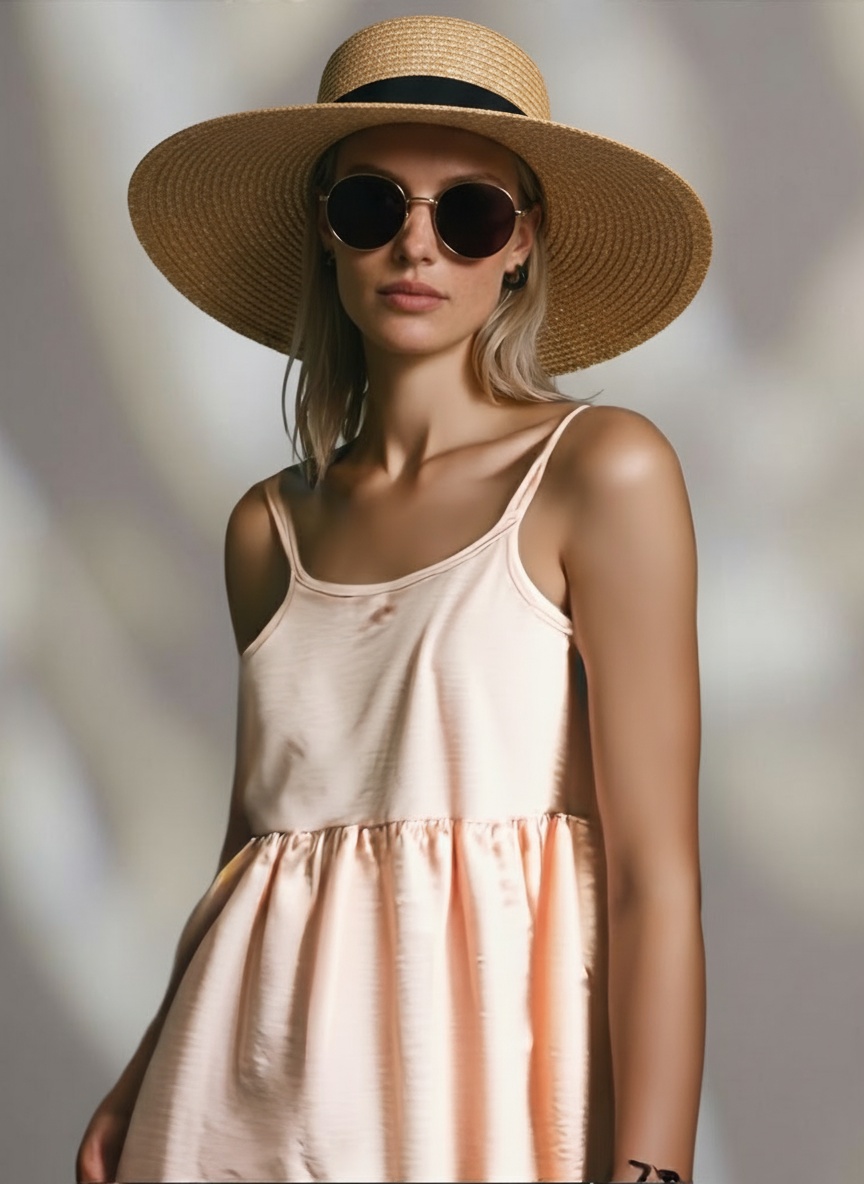 Model wearing dress in lifestyle setting (after)