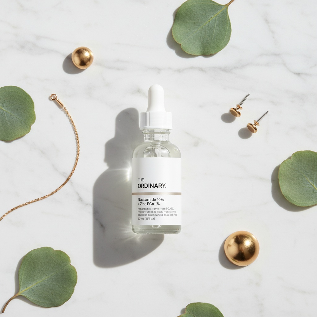 Skincare lifestyle scene on marble countertop