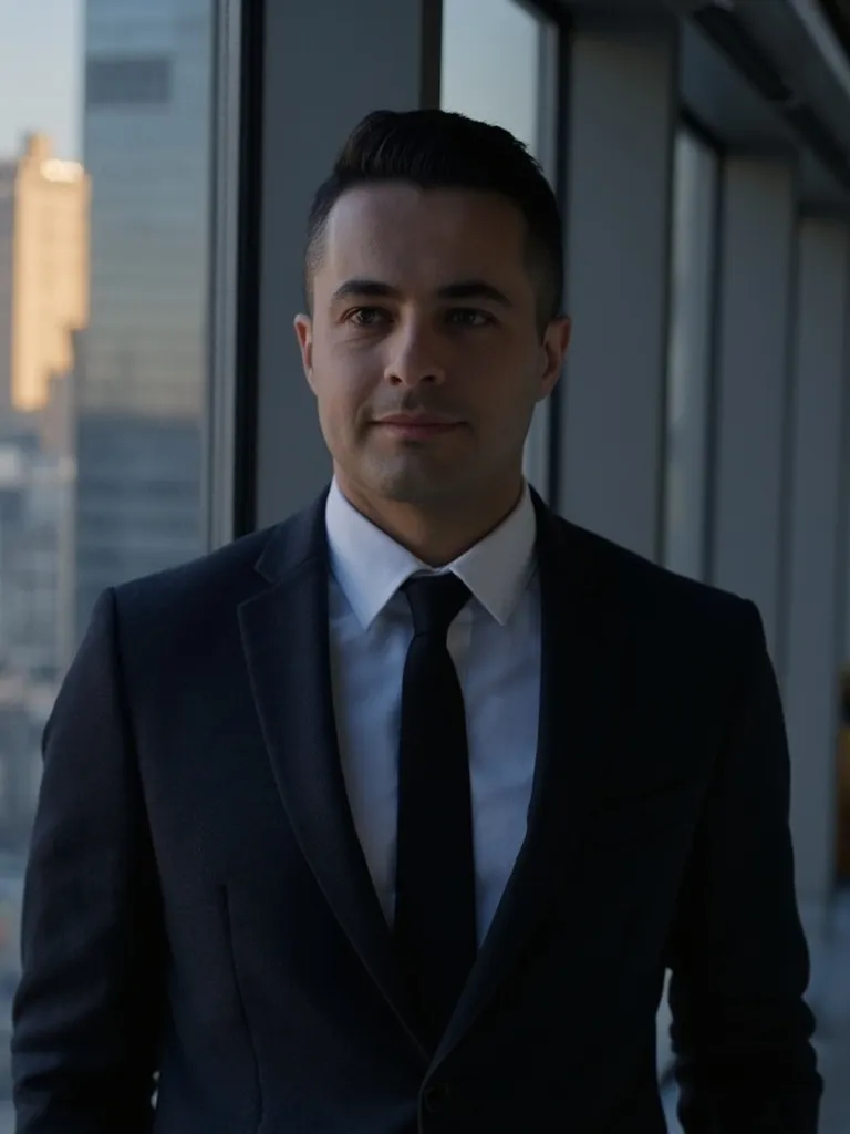 Professional AI LinkedIn headshot of a man in a dark suit against a clean studio backdrop