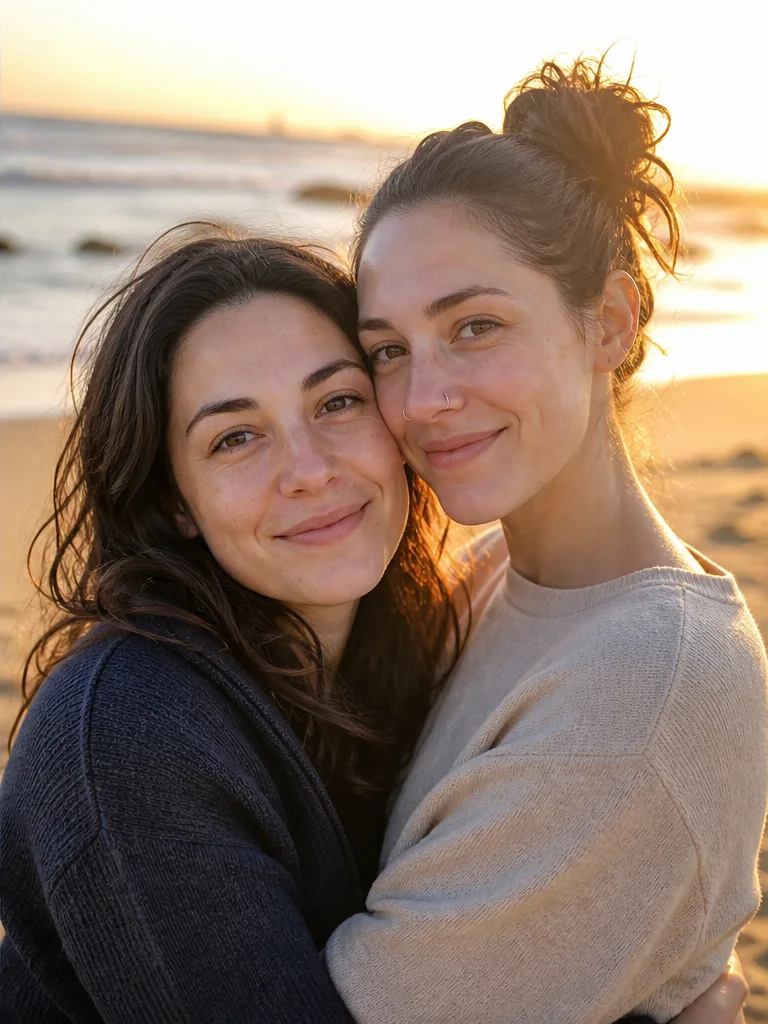 Candid AI couples travel photo by the water