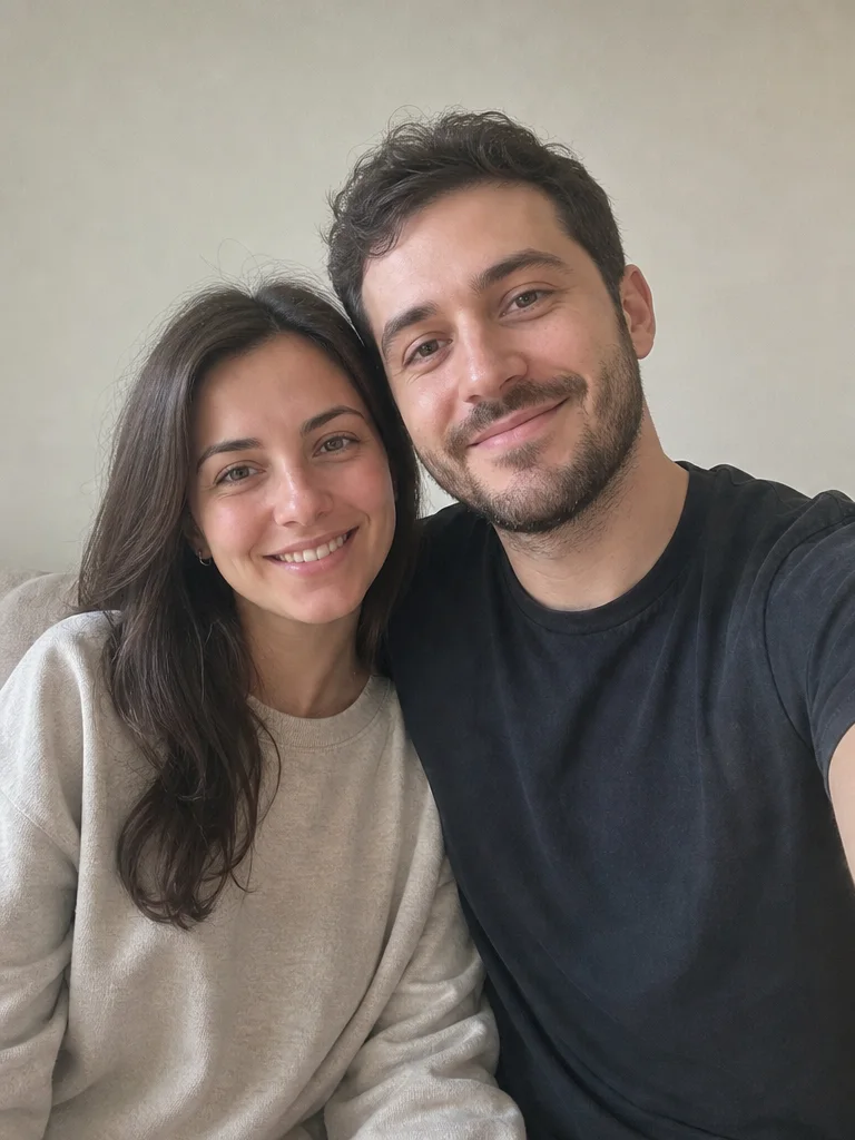 Casual phone selfie of a couple before an AI photo edit