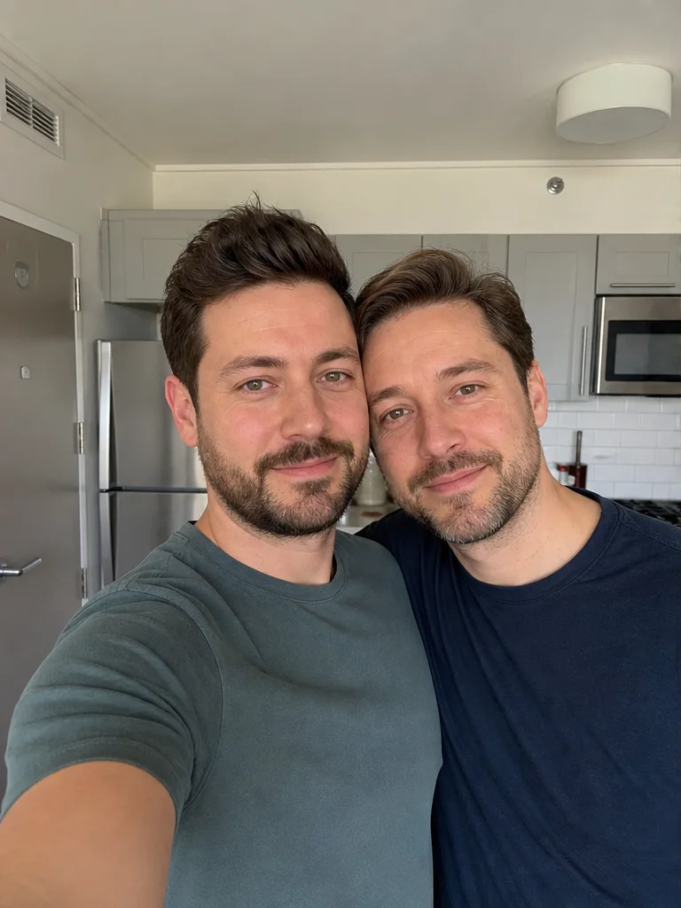 Casual kitchen selfie of a couple before an AI photo edit