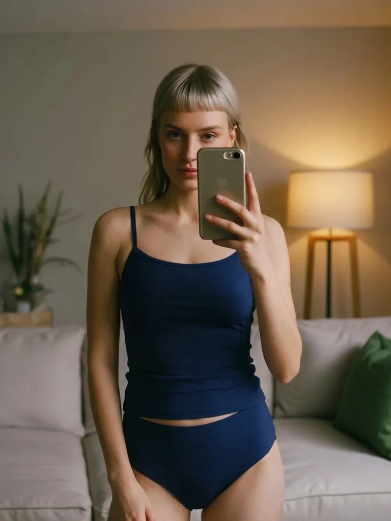 The same mirror selfie wearing a navy tankini after the AI try-on